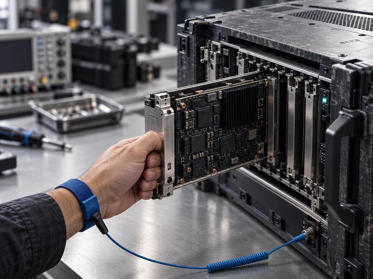 One hand extracts a supported electronics cassette from rugged test equipment