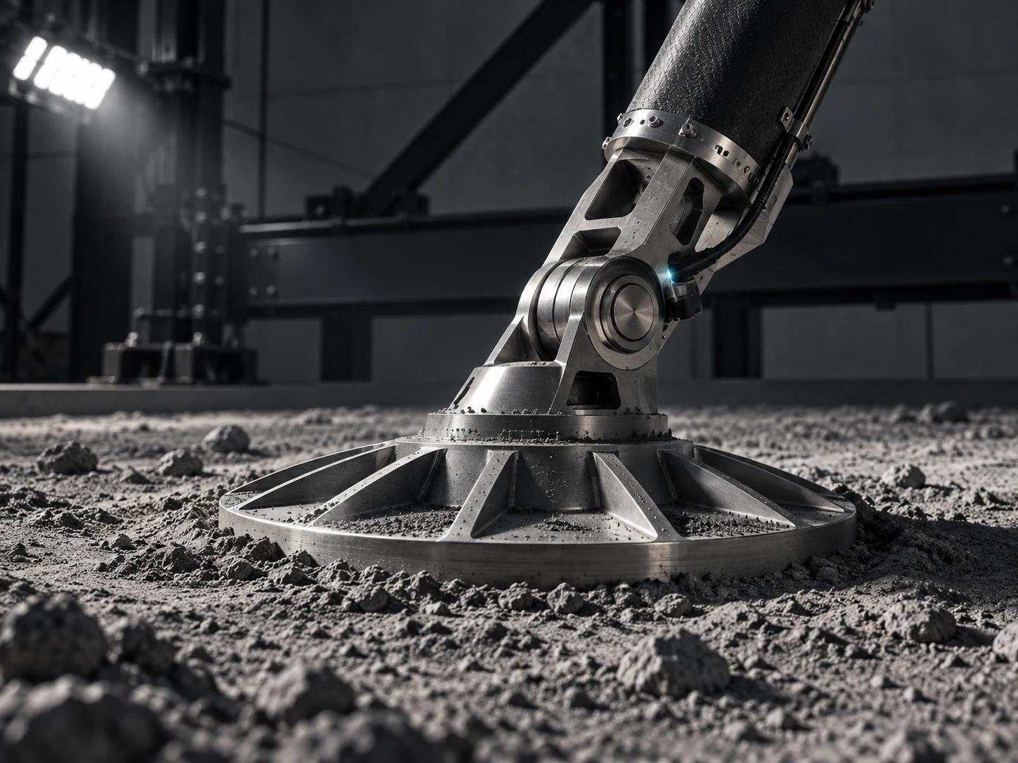 Mechanical arm and footpad in a ground-based regolith test environment