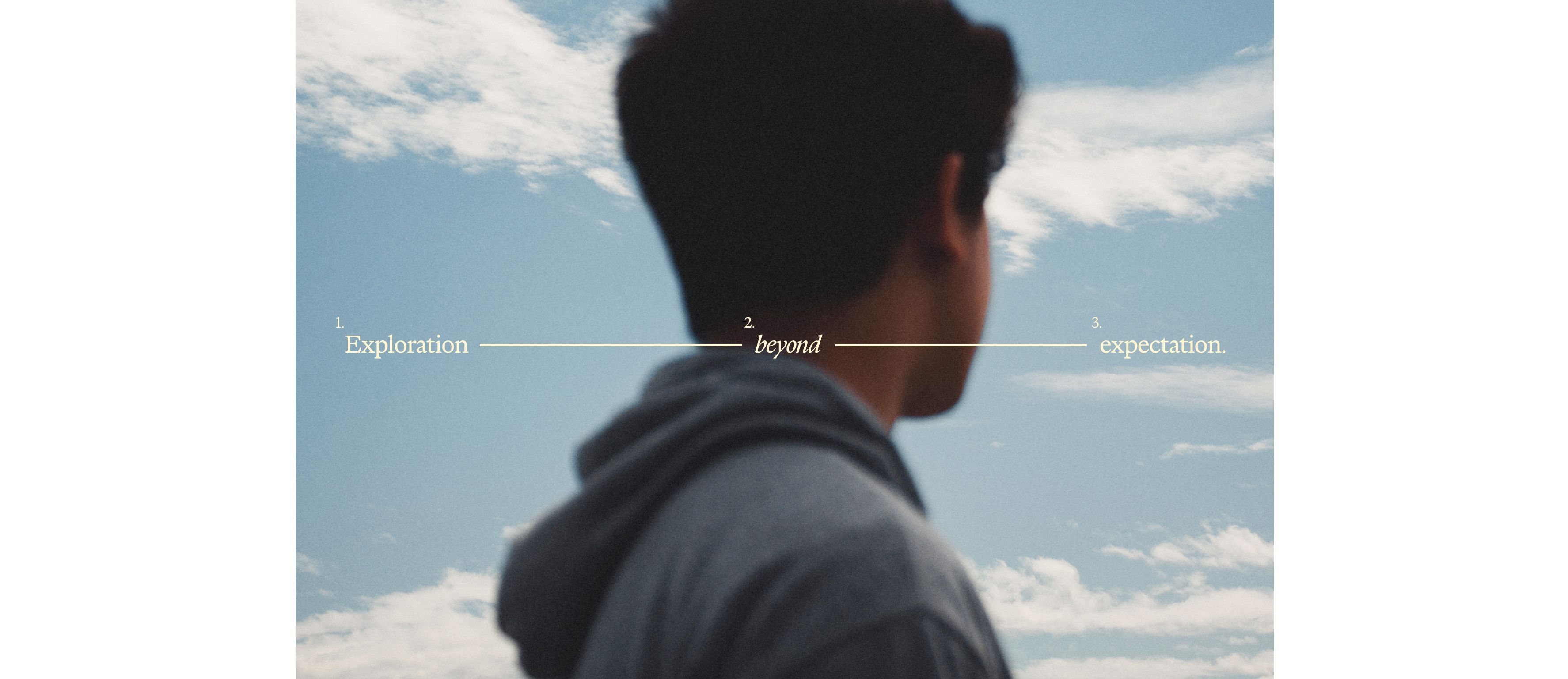 Exploration beyond expectation text shown over a photograph of a man