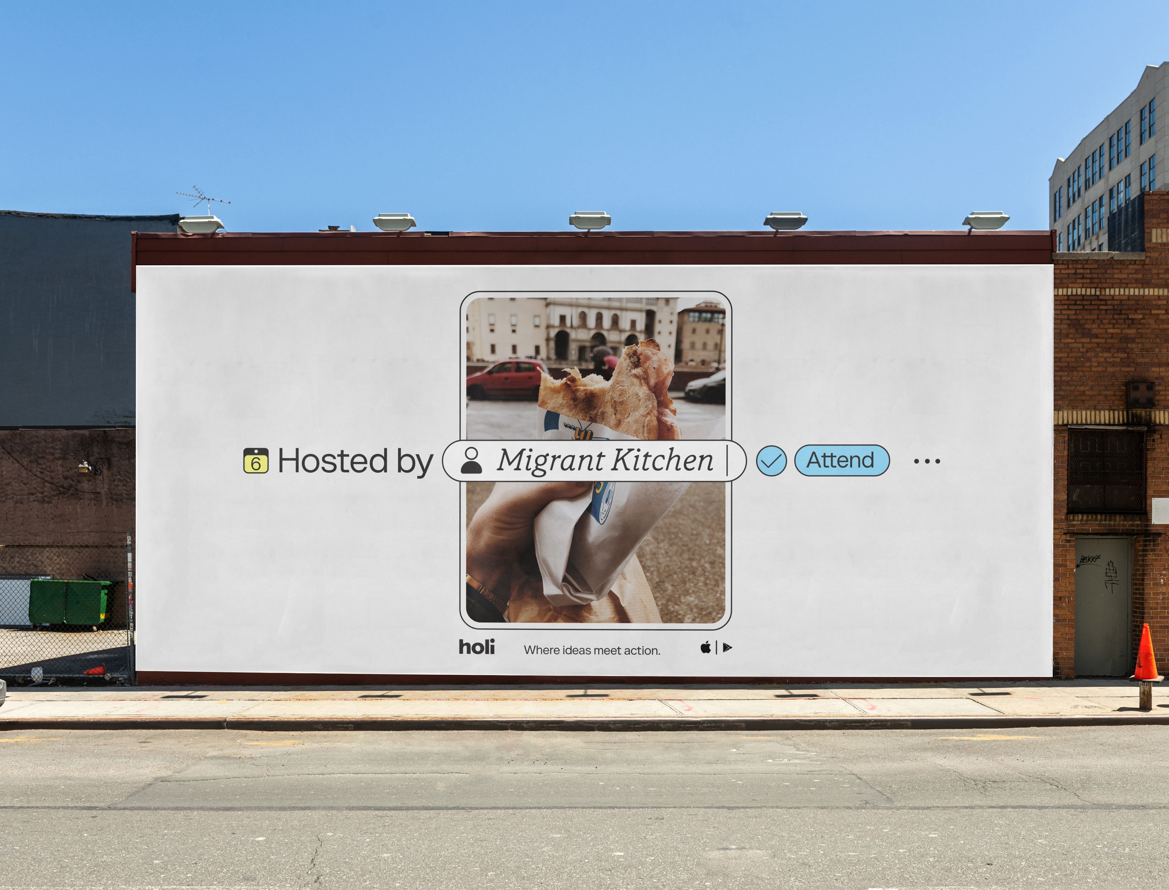 Out of home billboard showing an event hosted by Migrant Kitchen on the Holi app