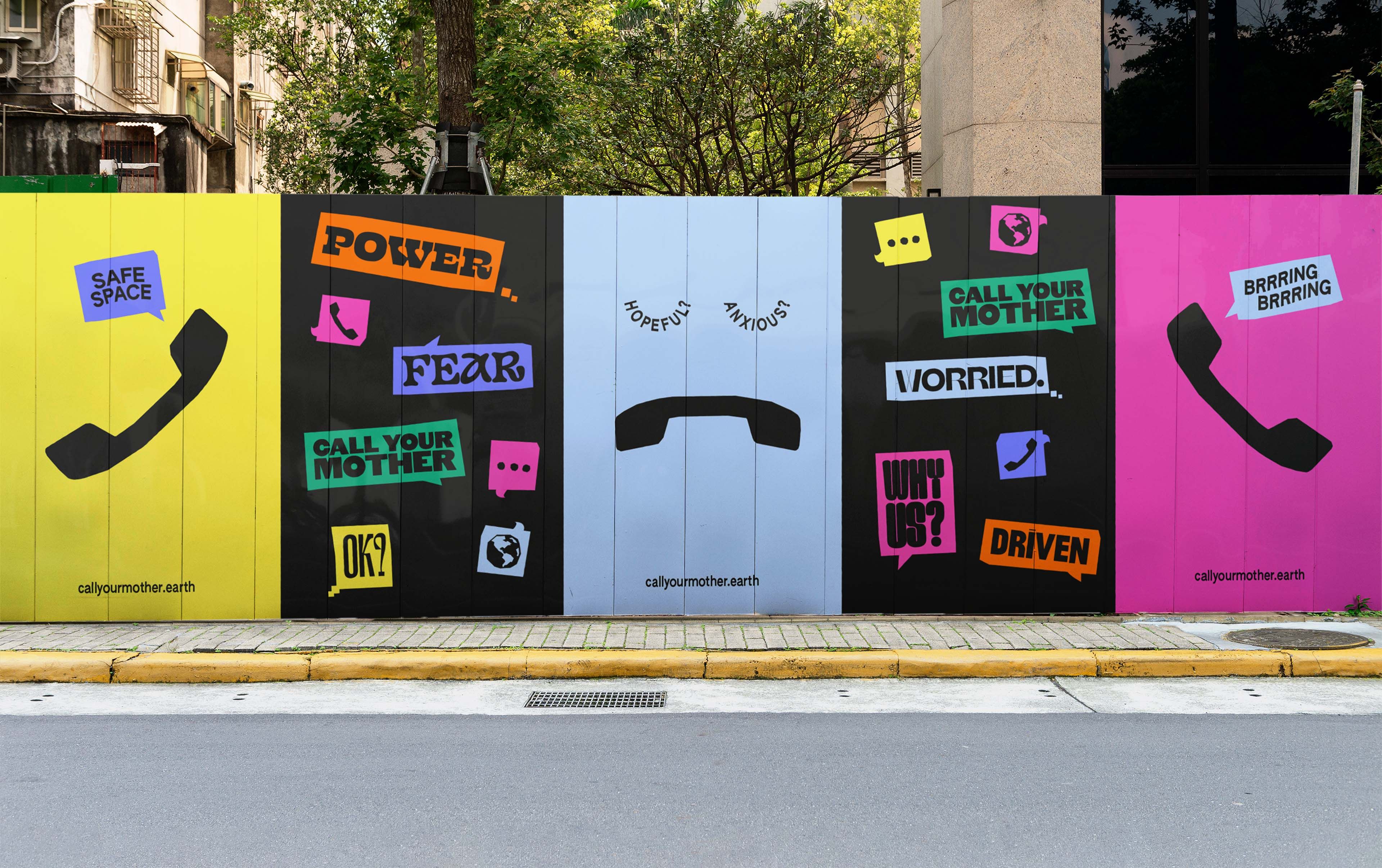 Showcase of the Call Your Mother brand assets in a street billboard setting