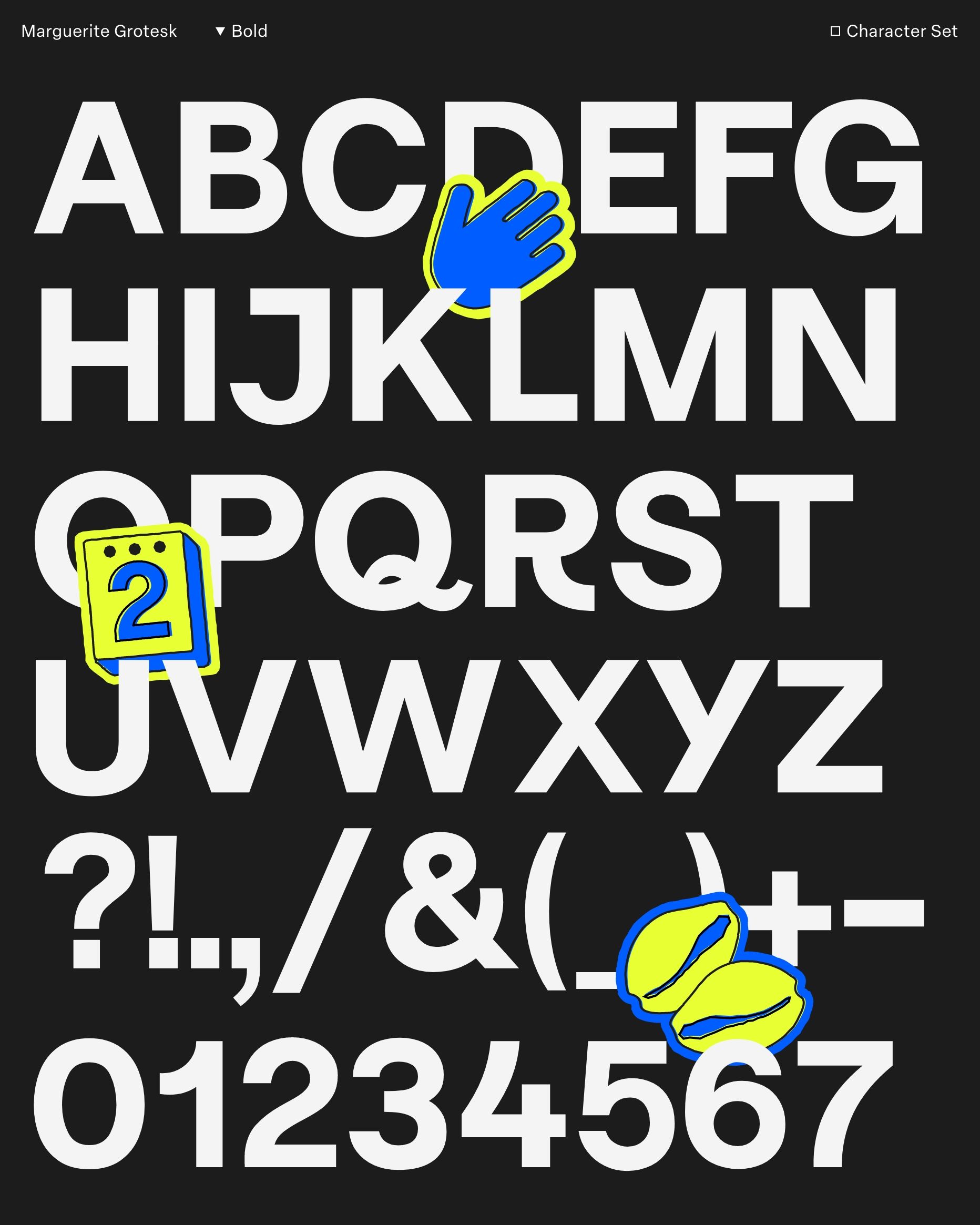 Typography character set with stickers over the top
