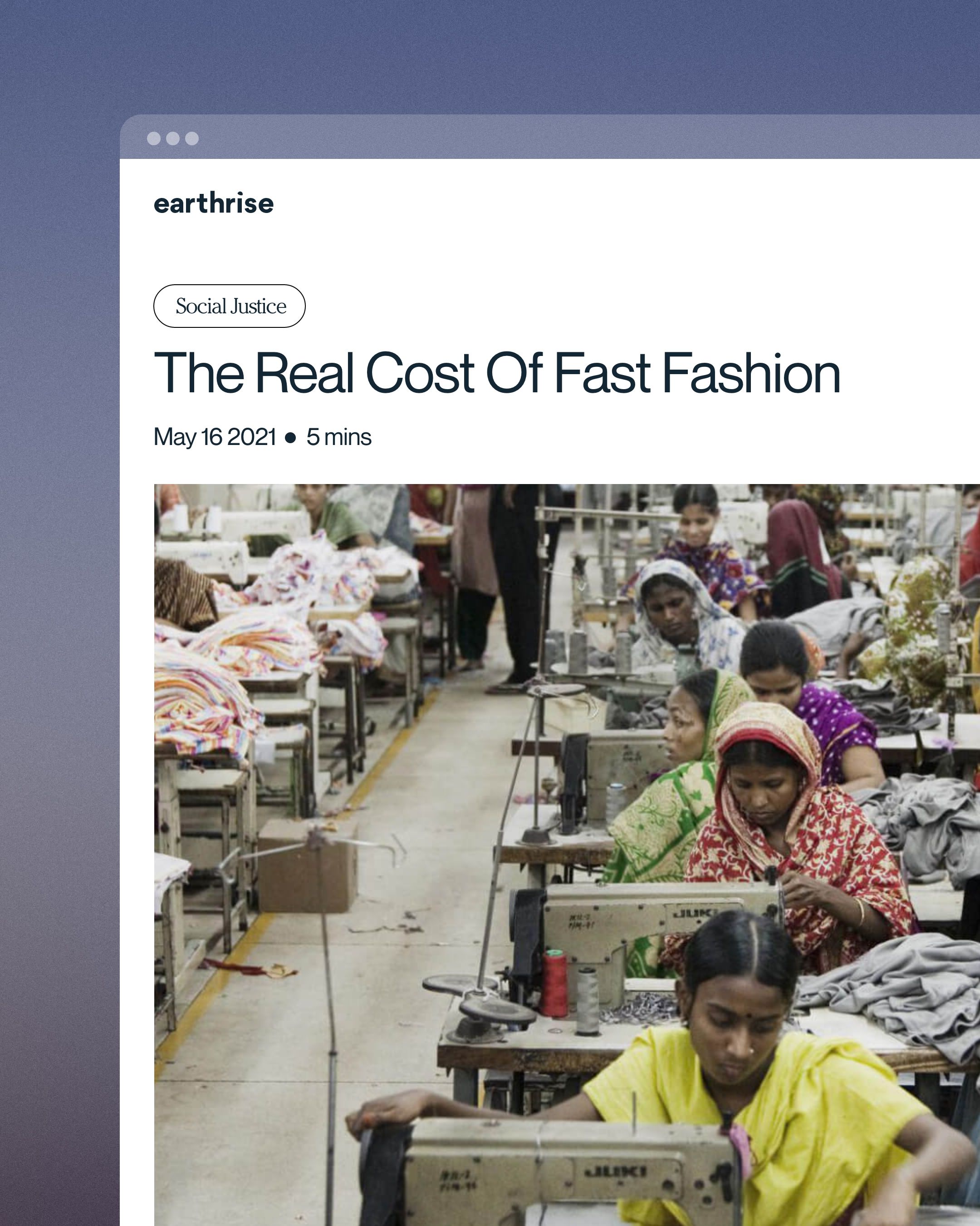 A showcase of a article called "The Real Cost Of Fast Fashion" from the earthrise website