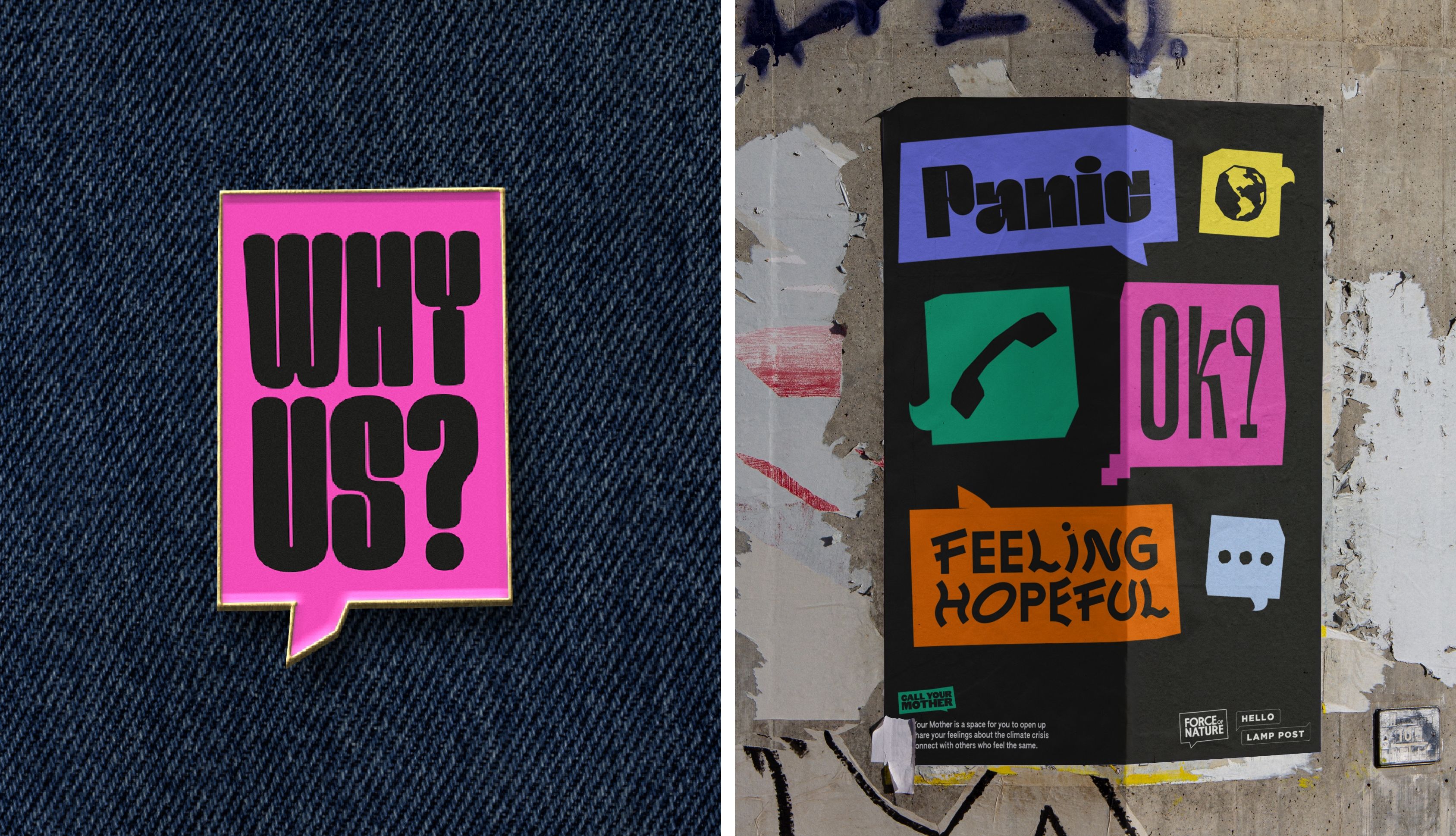 Two images, one showing a branded pin and one showing a poster