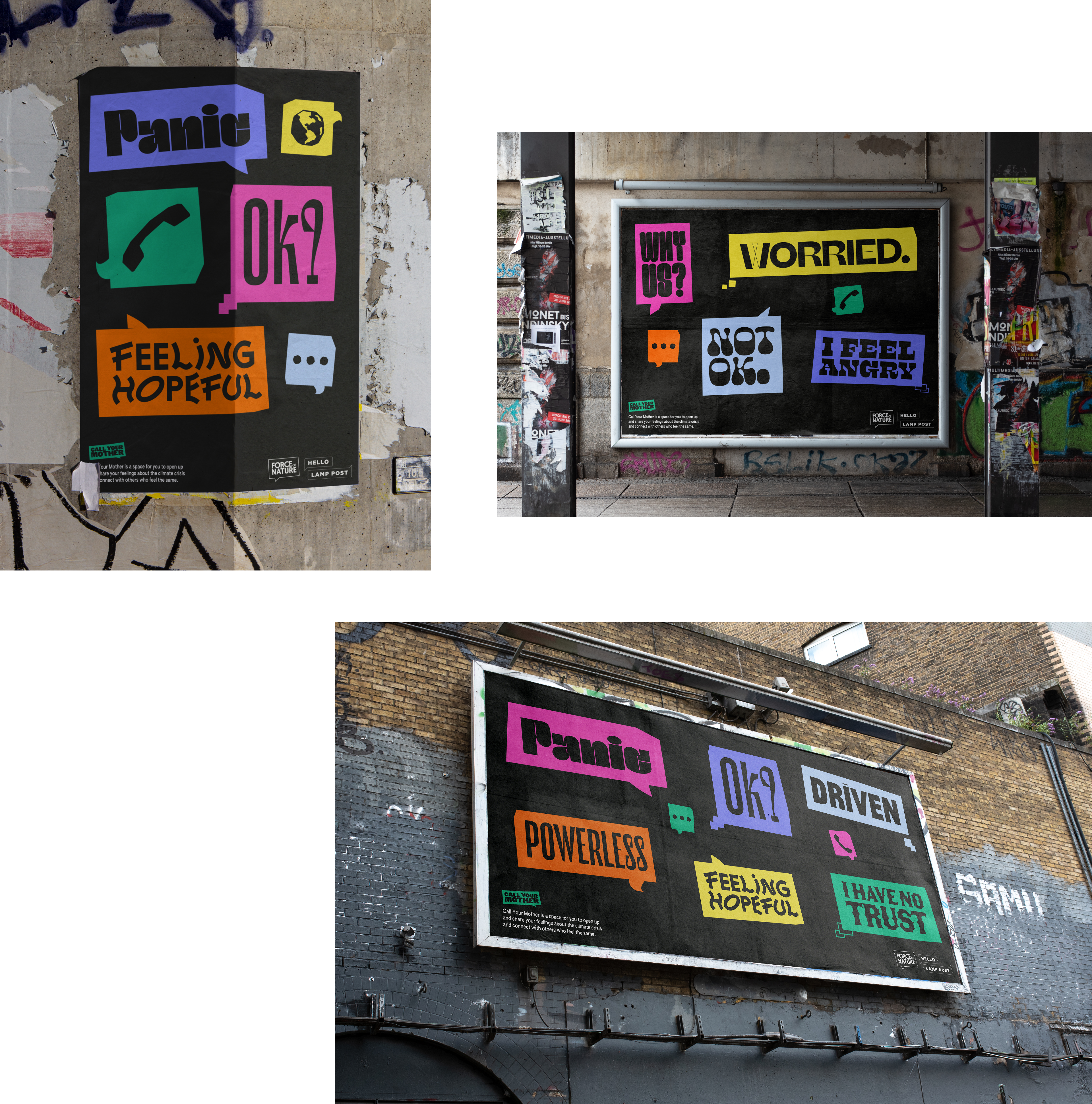 Three Call Your Mother brand assets all in billboard street settings
