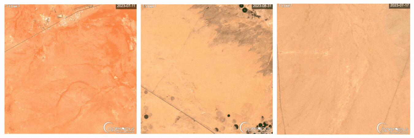 These time lapse images from the Copernicus Sentinel-2 satellite show the rapid expansion of solar facilities in Saudi Arabia between the summers of 2023 and 2025.