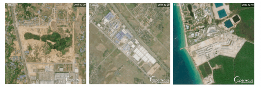These time-lapse images from the Copernicus Sentinel-2 satellite show the build-out of rooftop solar systems on factories and commercial premises in Thanh Hoa, Thai Nguyen, and An Giang (formerly Kien Giang) provinces between 2022 and 2025.