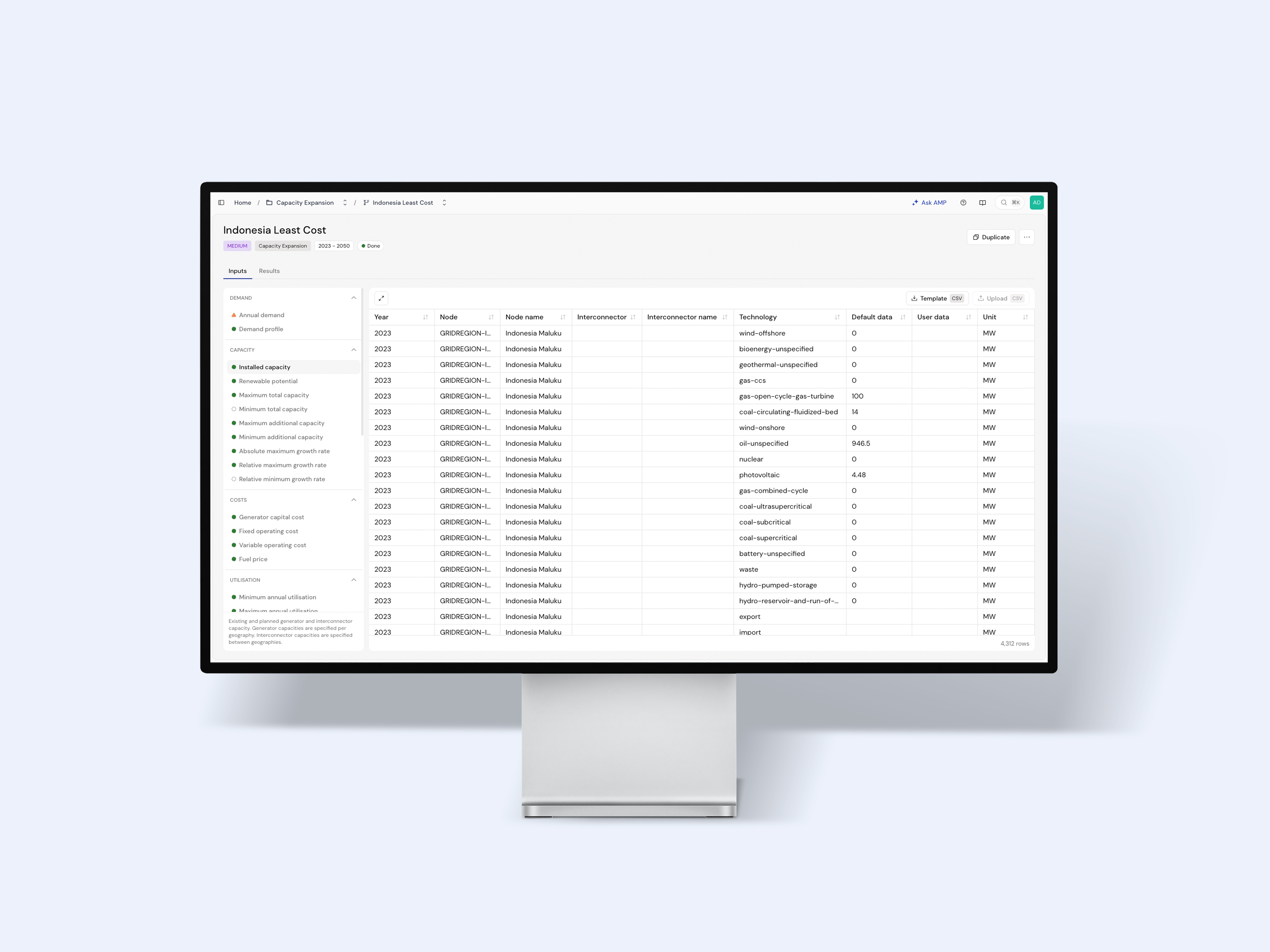 Viewing installed capacity input data on a least-cost capacity expansion scenario on Scenario Builder