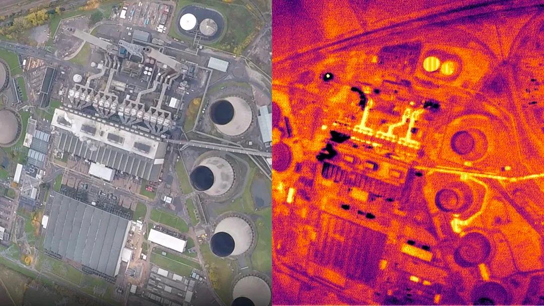 A  composite image of satellite and thermal imaging showing flue stack and cooling tower heat 