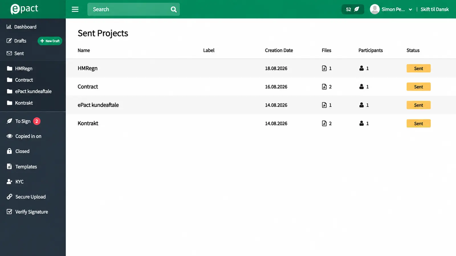 Document status overview in ePact Sign