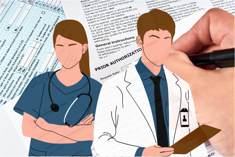 Illustration of a nurse and a doctor in front of a prior authorization form.