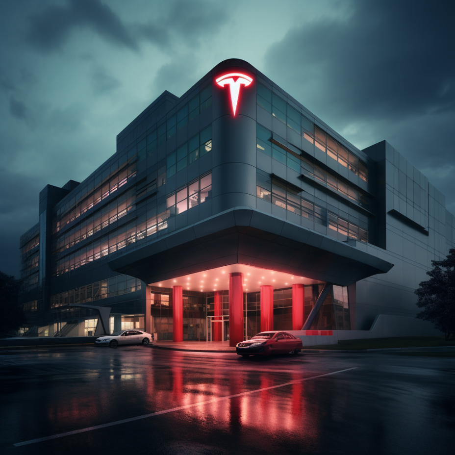 A modern building at night with a glowing red Tesla logo.