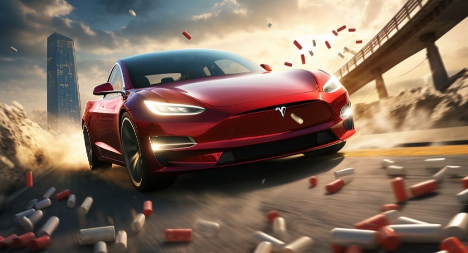 Illustration of a red sports car speeding along a road scattered with pills.