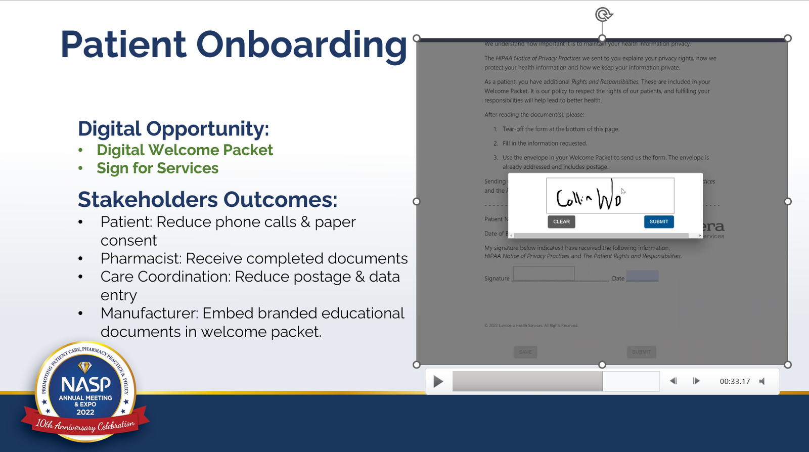 Presentation slide on patient onboarding, listing the digital opportunity and stakeholder outcomes.