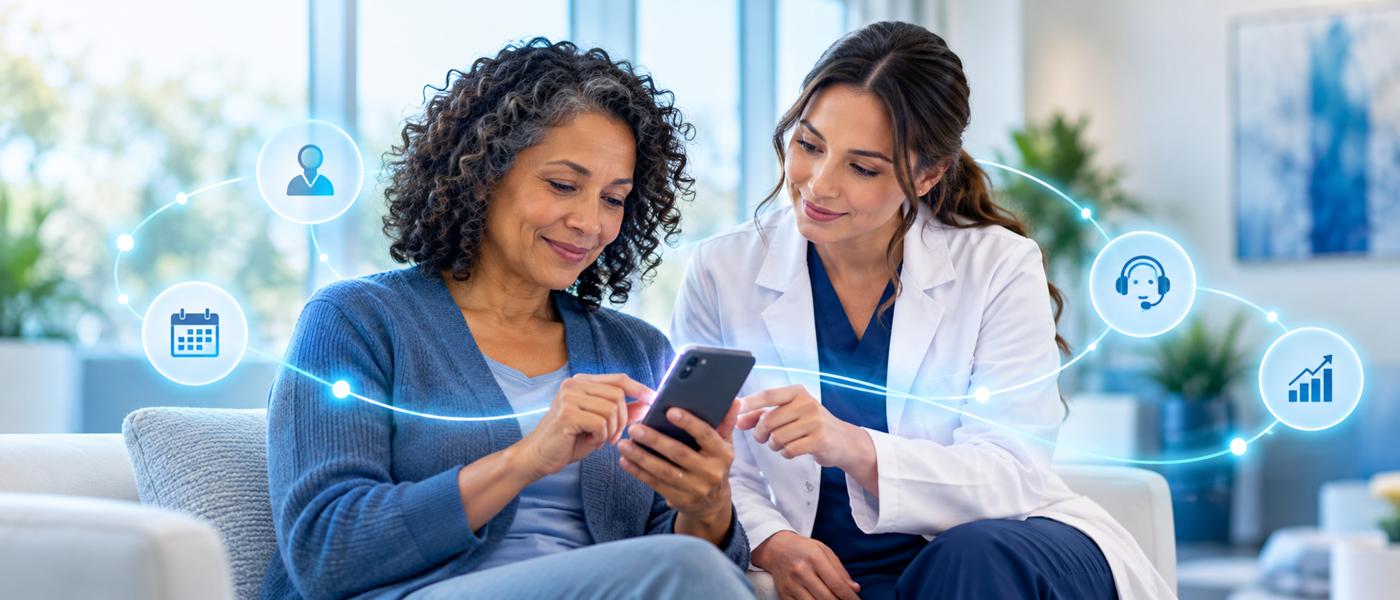 A patient and a clinician look at a smartphone together, surrounded by icons for scheduling, support and progress.