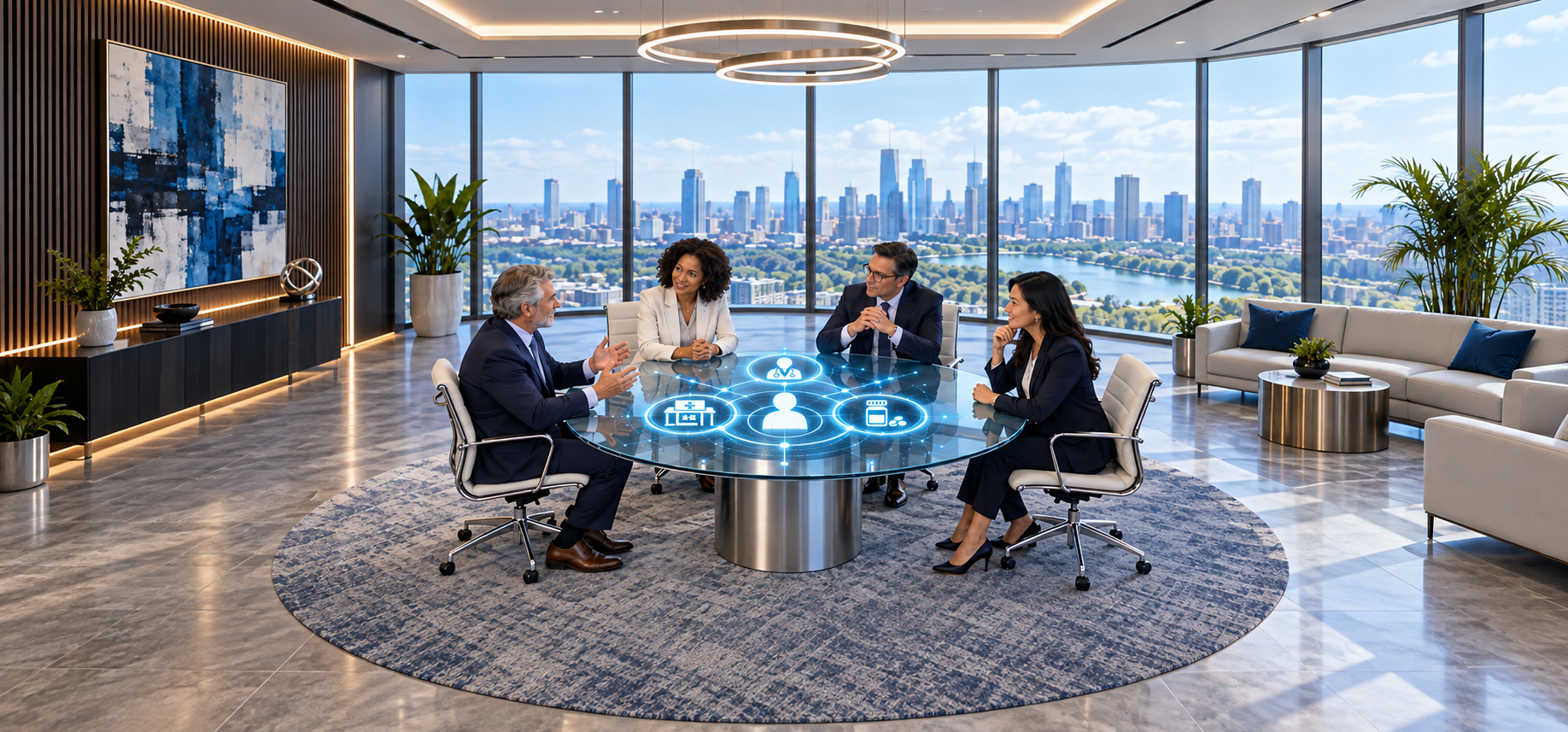 Titans of pharmacy meeting in a board room