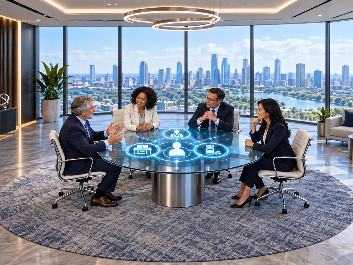 Titans of pharmacy meeting in a board room