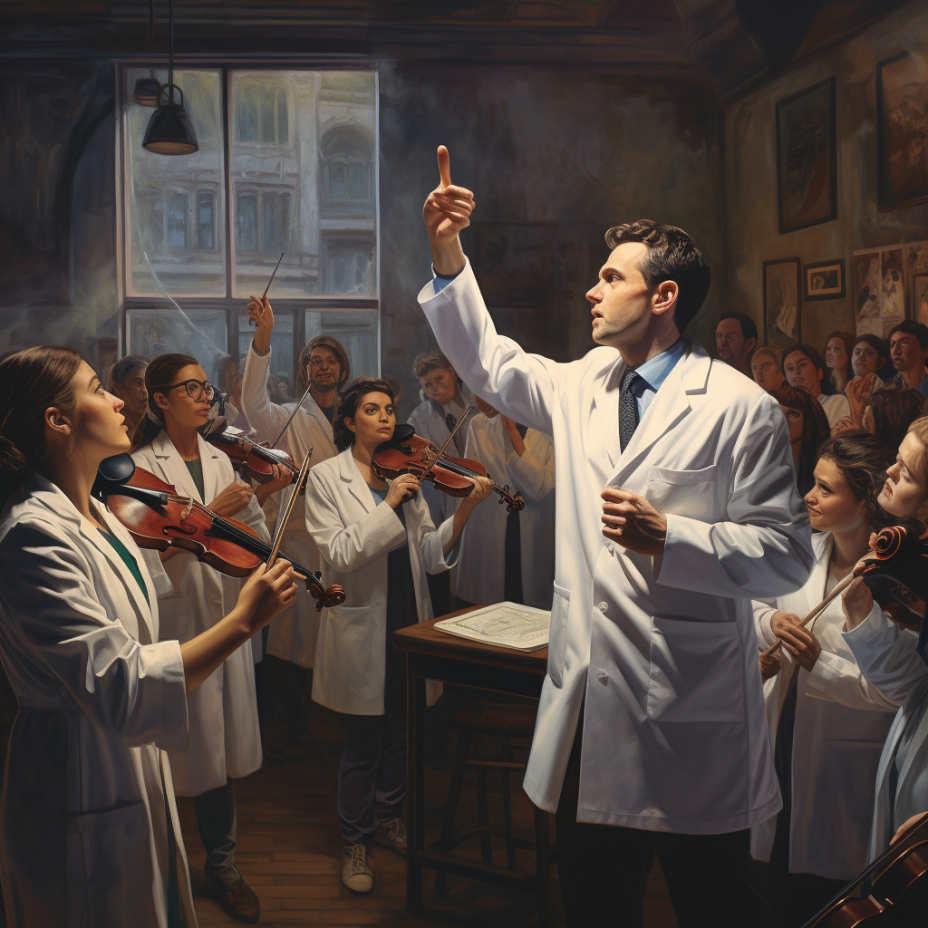 Illustration of a doctor conducting an orchestra of medical staff.