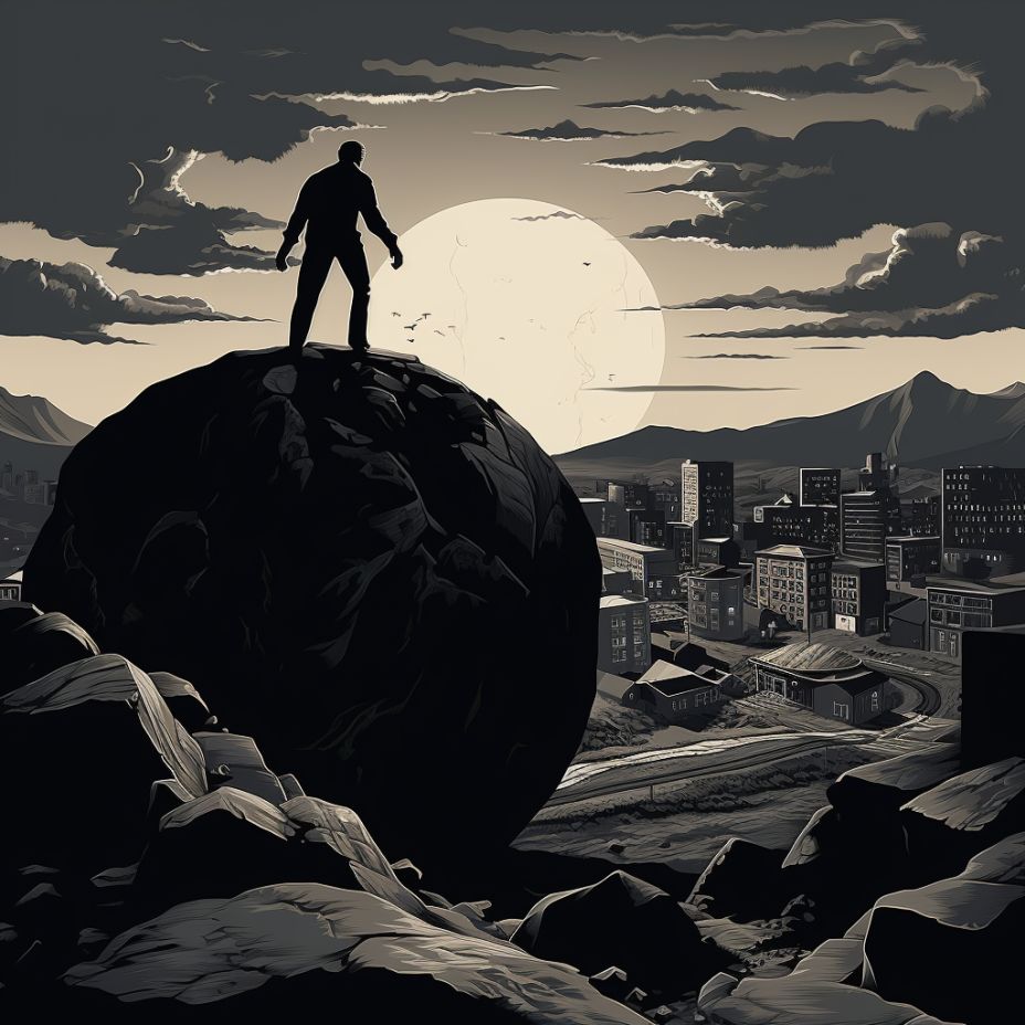 Illustration of a man standing on a large boulder above a city at dusk.
