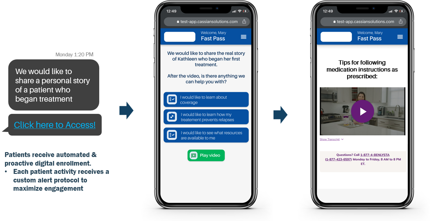 Three phone screens: a patient is asked to share their treatment story, answers questions and receives tips.