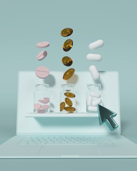 Illustration of pills falling into a laptop screen, with a cursor beside it.