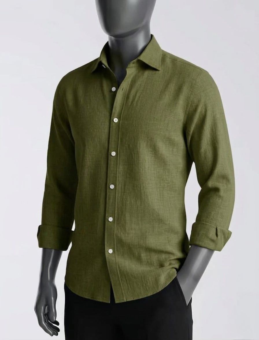 Camisa de Lino con mezcla de algodon, color Verde Olivo