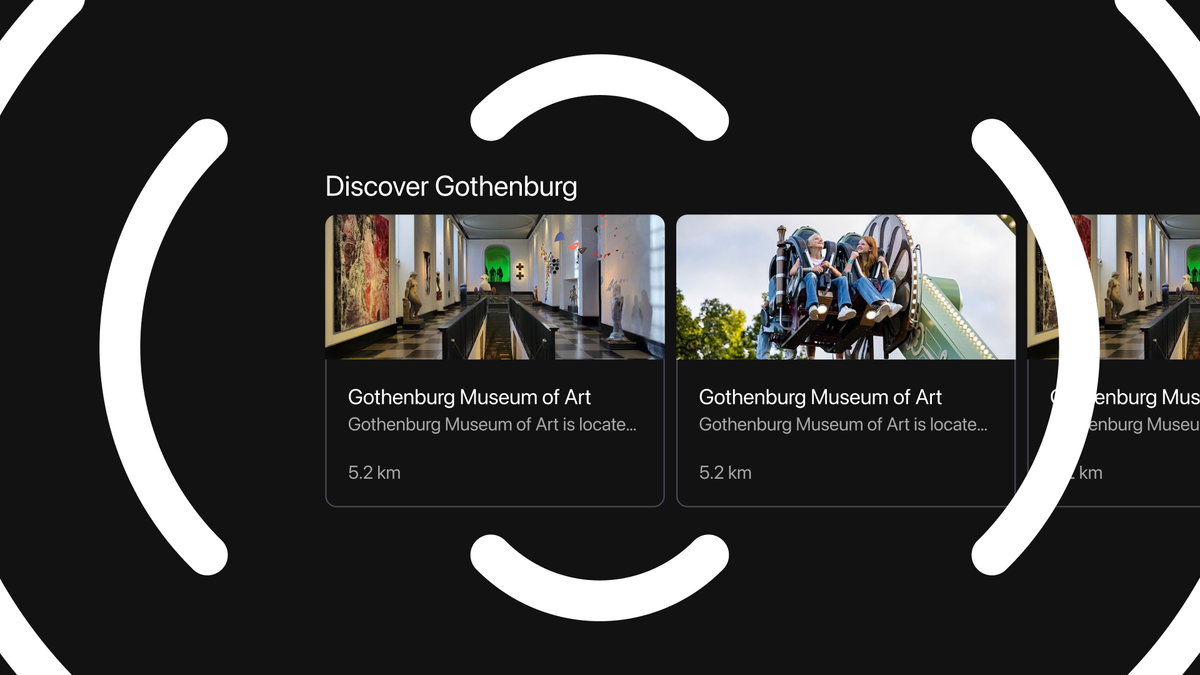 A 'Discover Gothenburg' screen from the redesigned app, showing places to visit with photos and distances, framed in the unmute bracket motif.
