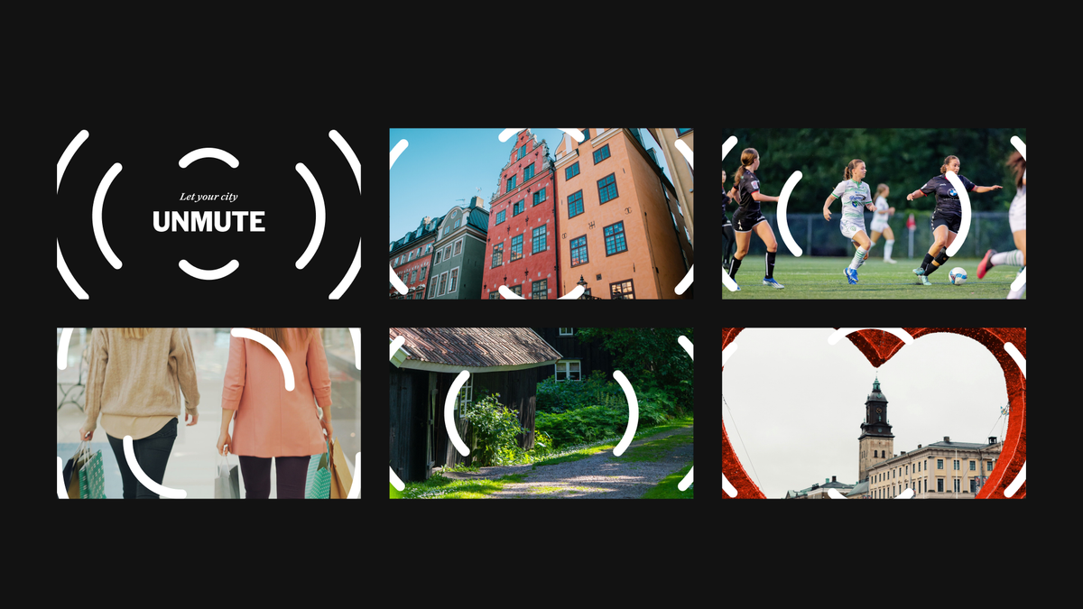 The 'Let your city unmute' concept board: the unmute wordmark alongside lifestyle photos, old-town streets, a football match, people out shopping, a countryside path, and a city skyline framed in a heart, each wrapped in the brand's bracket motif.