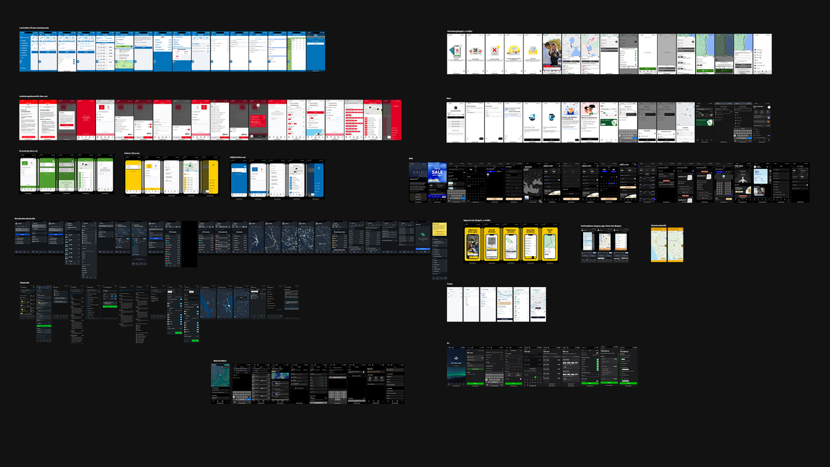 A research board comparing existing public-transport apps across Swedish regions and operators, screen by screen.