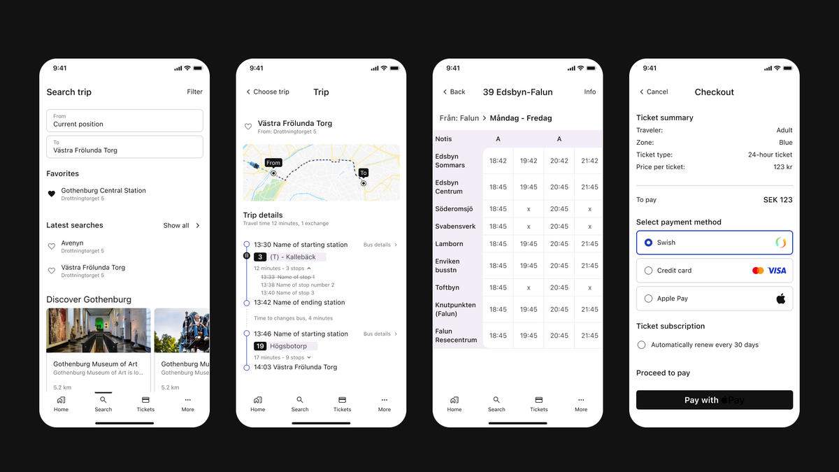 The same four redesigned screens in light mode, showing the app's light and dark theming.