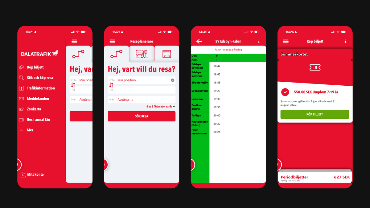 Four screens from the previous Dalatrafik app: the side menu, the journey planner, a bus timetable, and the ticket purchase screen, in the older red interface.