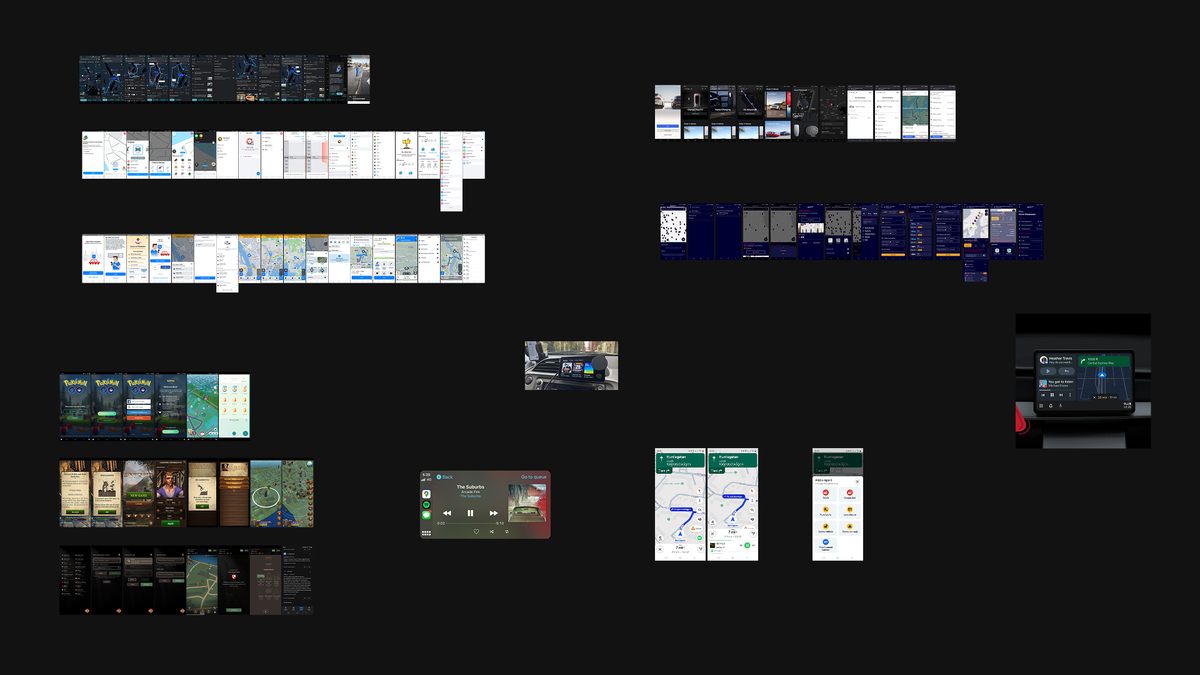 A second research board beyond transit apps: GPS and navigation systems, in-car interfaces like CarPlay and Android Auto, and games, the other screens people use while travelling.
