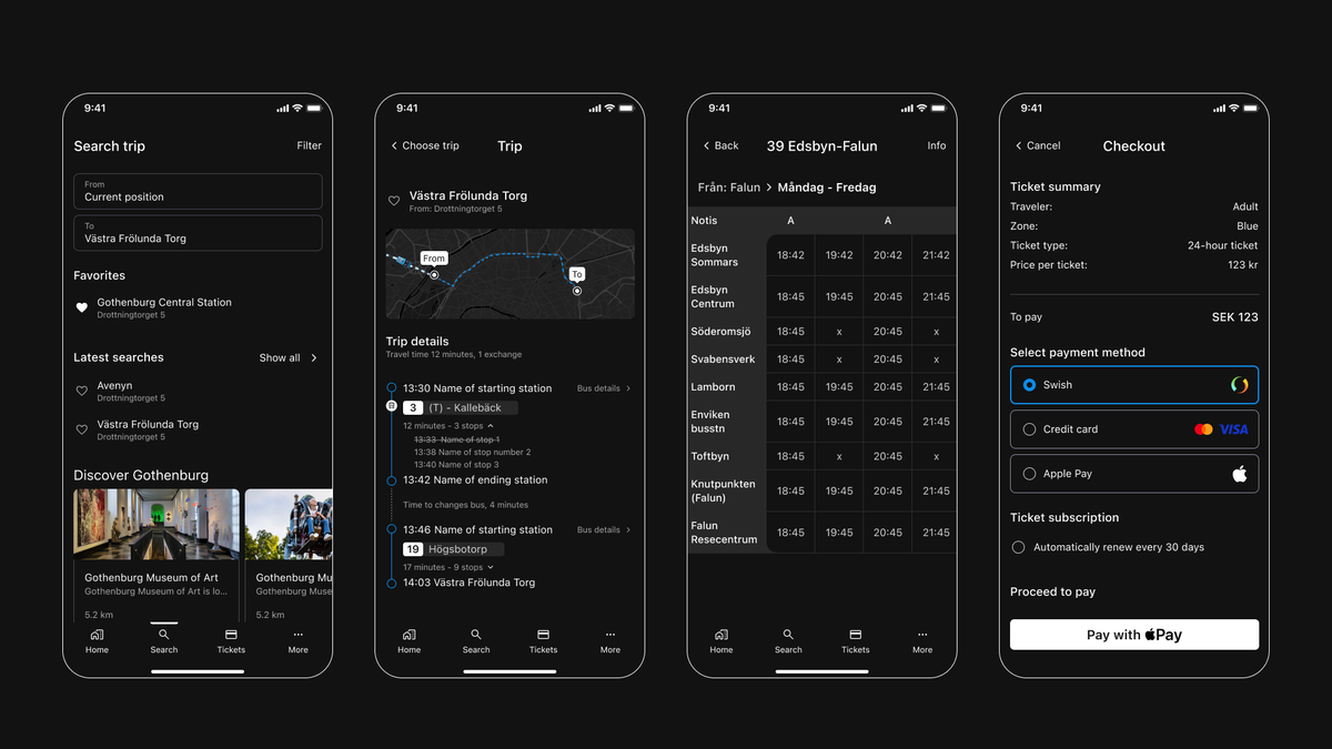 Four screens from the redesigned app in dark mode: trip search with saved places, a journey overview with map and timeline, a timetable, and checkout with Swish, card and Apple Pay.