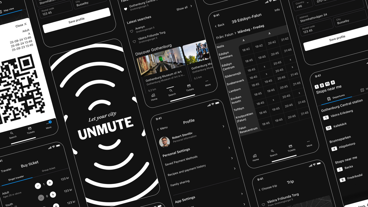 An angled montage of many redesigned screens: a ticket QR, the unmute wordmark, discovery, timetables, profile and departures, showing the breadth of the design.