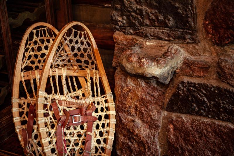 Snow shoes and fireplace masonry