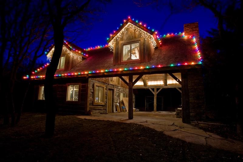 Christmas lights on cabin roof
