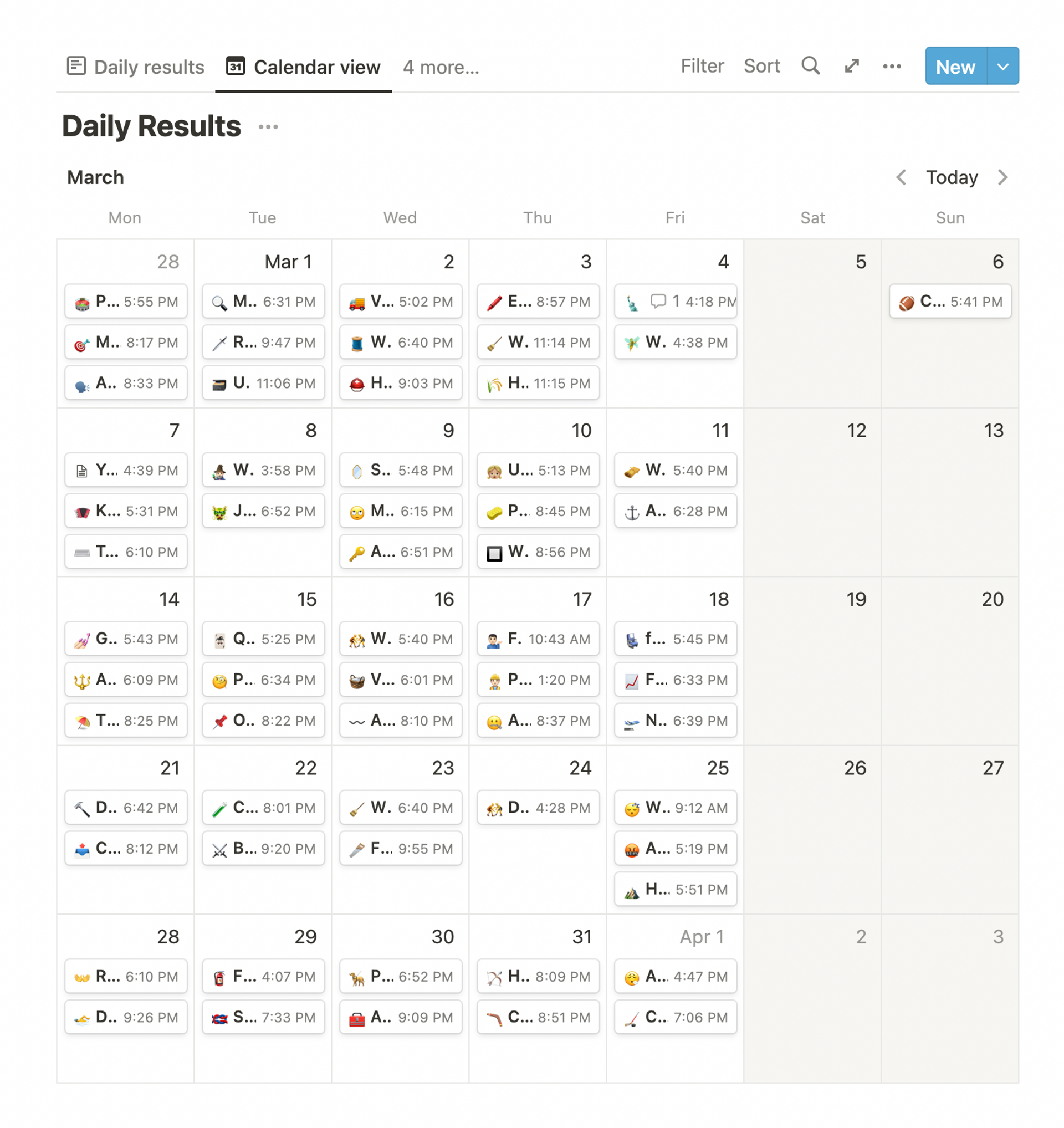 Screenshot of our daily results DB in Notion