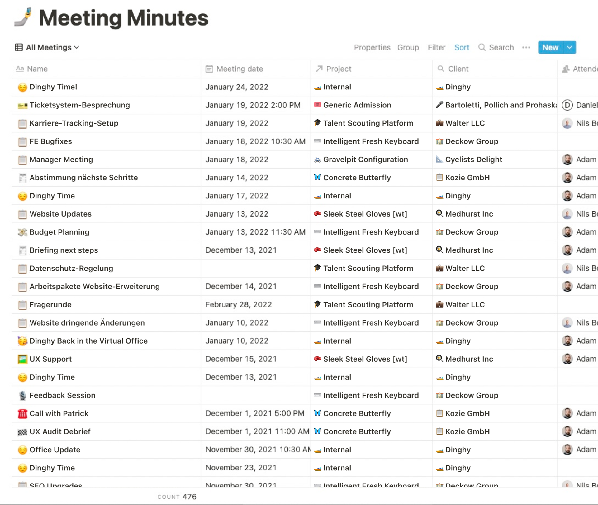 Screenshot of our meeting minutes DB in Notion