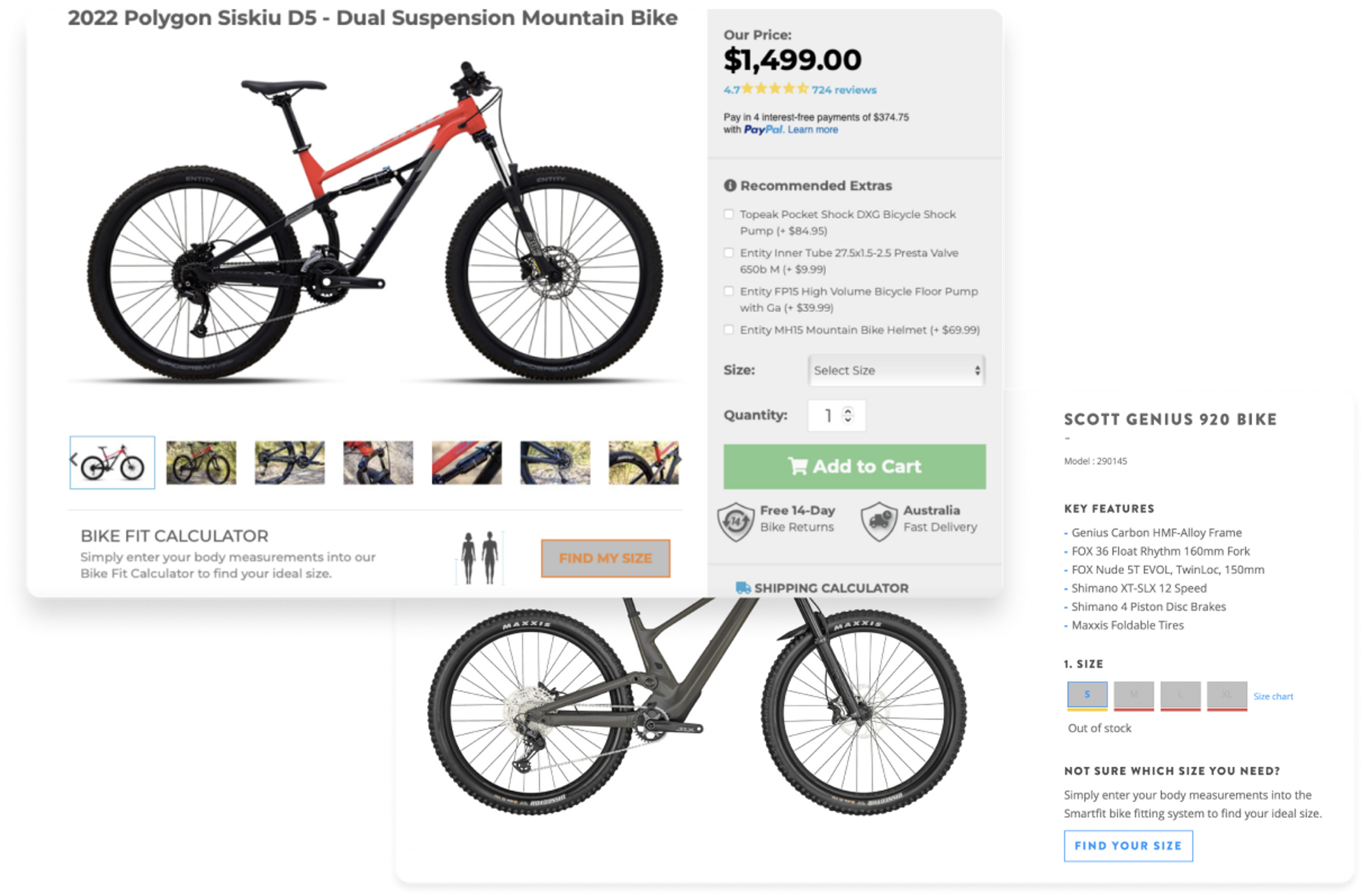 Two up screenshots showing different bike e-commerce sites