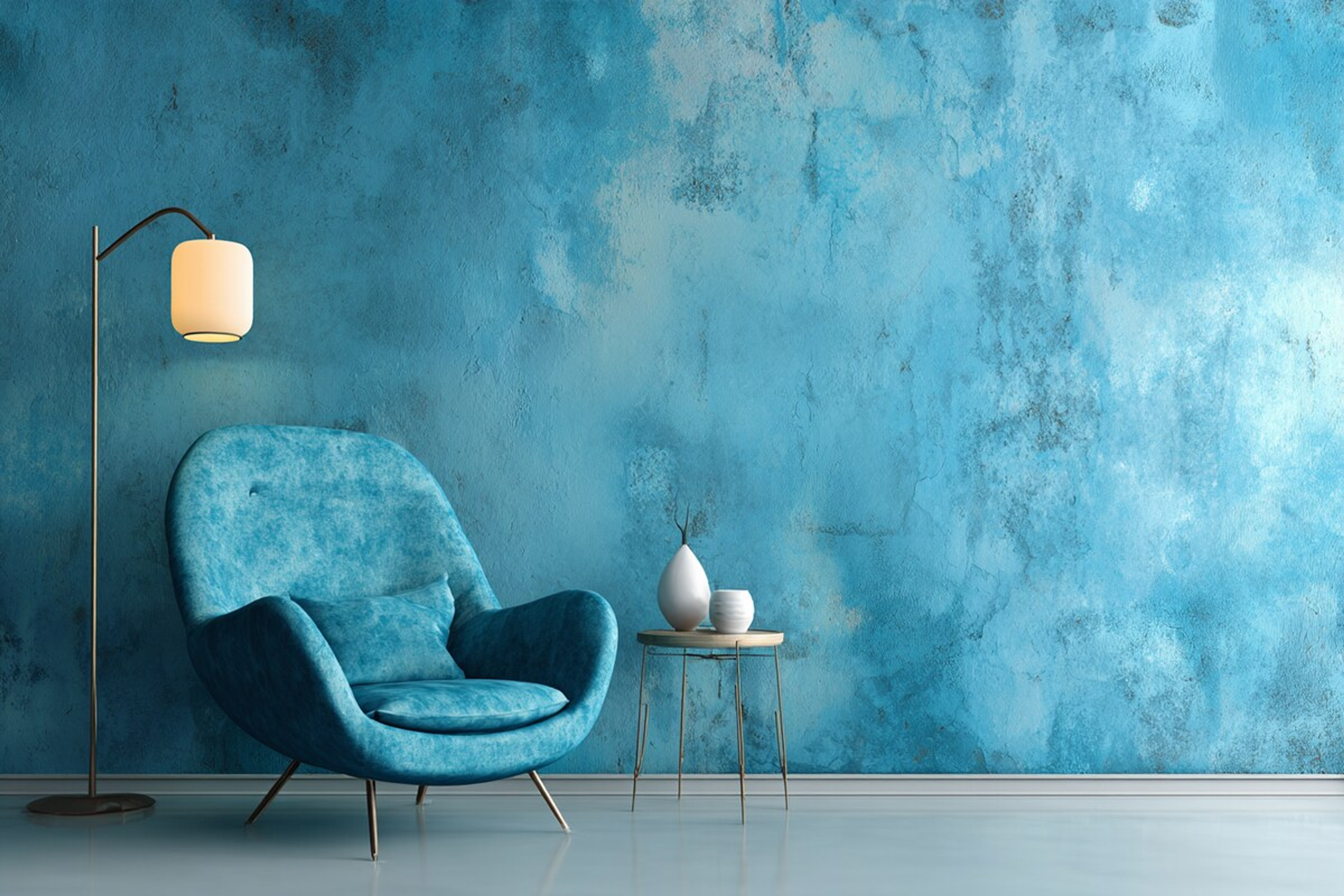 Interior of a room with blue wall and blue chair