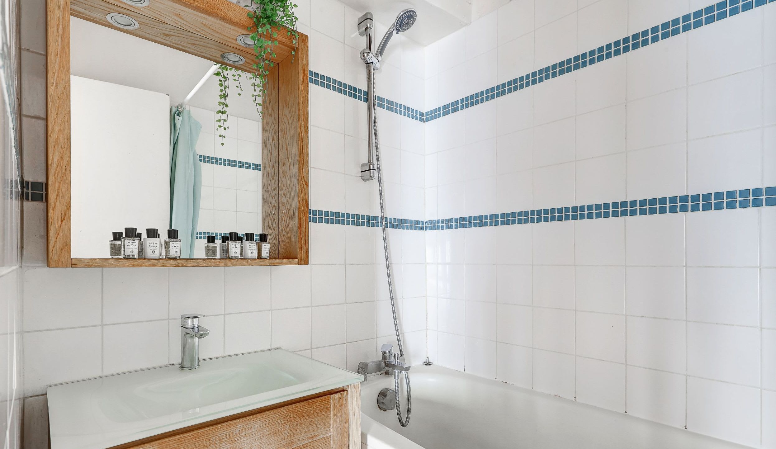 Salle de bain : baignoire, lavabo, miroir et toilette.