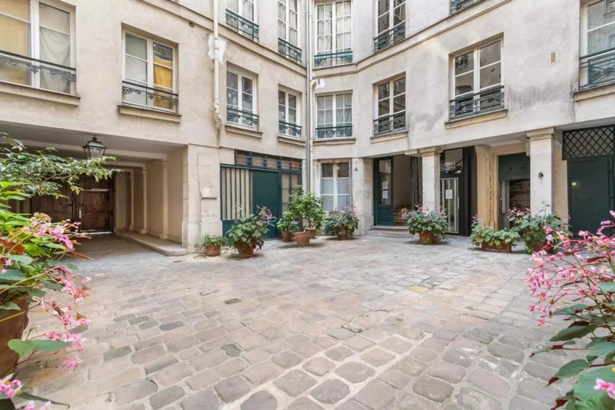 Cour parisienne pavée avec plantes et fleurs
