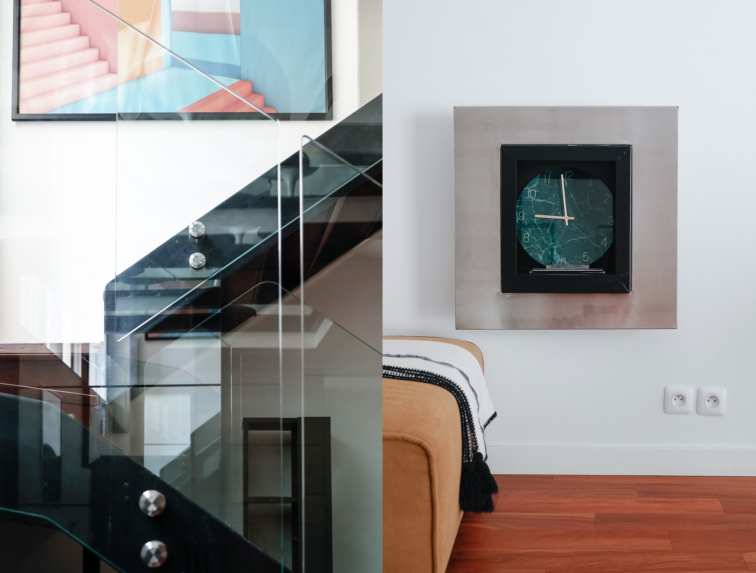 Bright architect-designed Paris apartment with a glass roof, modern open living space, sofa, and open kitchen.