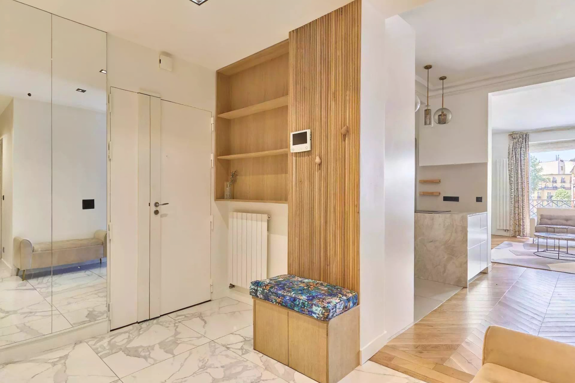 Bright fully furnished Paris apartment with elegant interiors, spacious living areas, balcony access, and comfortable amenities.