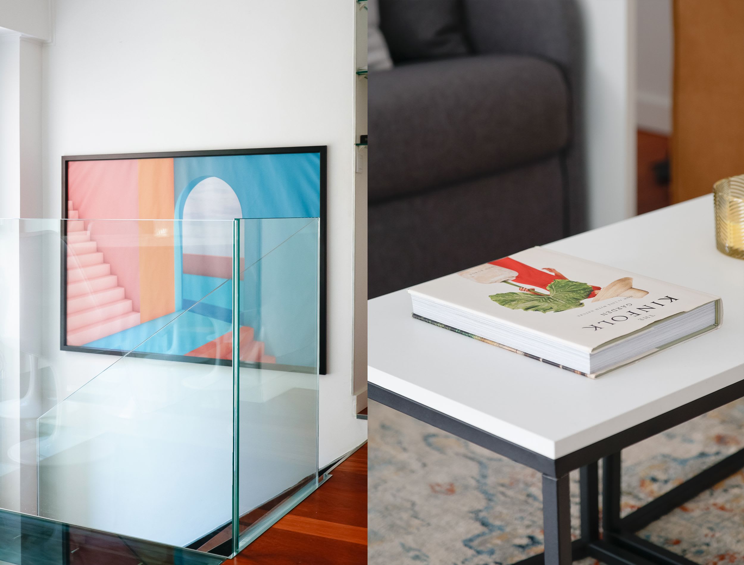 Bright architect-designed Paris apartment with a glass roof, modern open living space, sofa, and open kitchen.