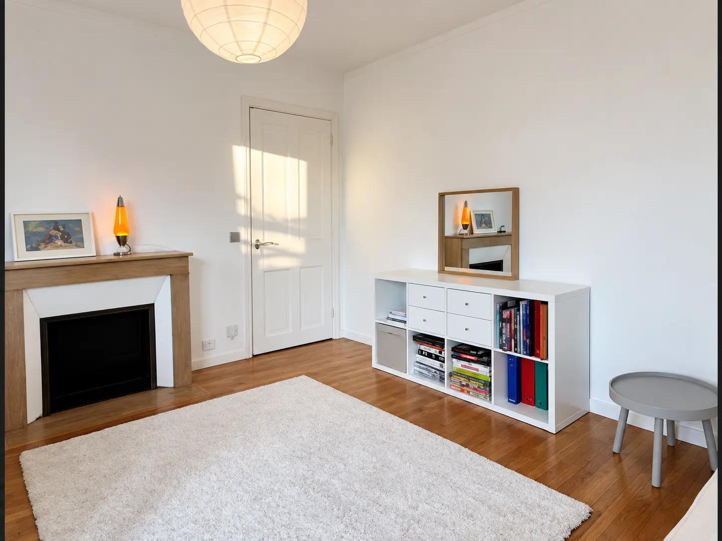 Chambre avec cheminée, rangements et parquet chaleureux