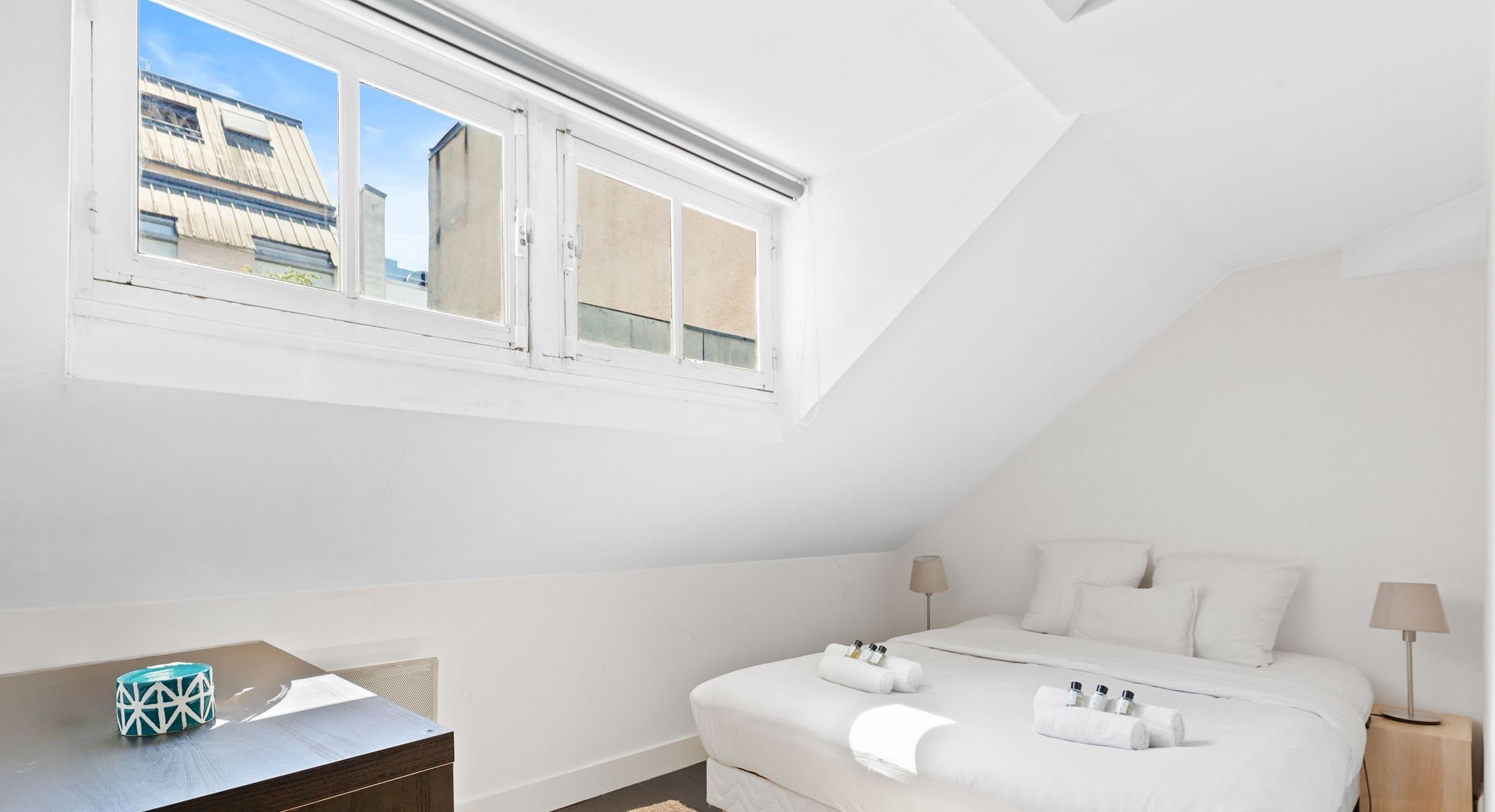 Charming furnished one-bedroom apartment rue Daguerre Paris 14th, bright top-floor living room with skylight windows and open kitchen
