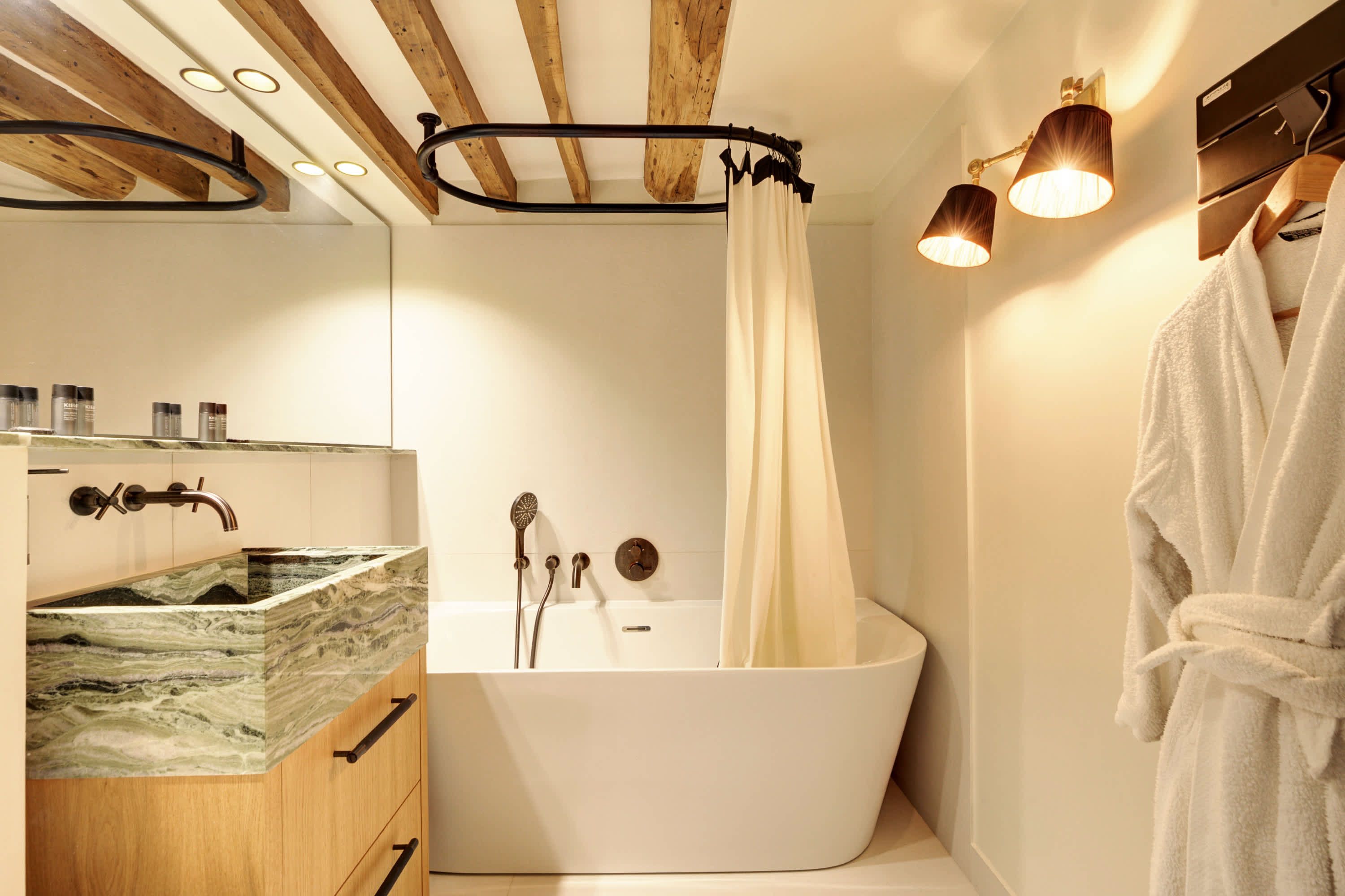 Luxurious bathroom with a bathtub.