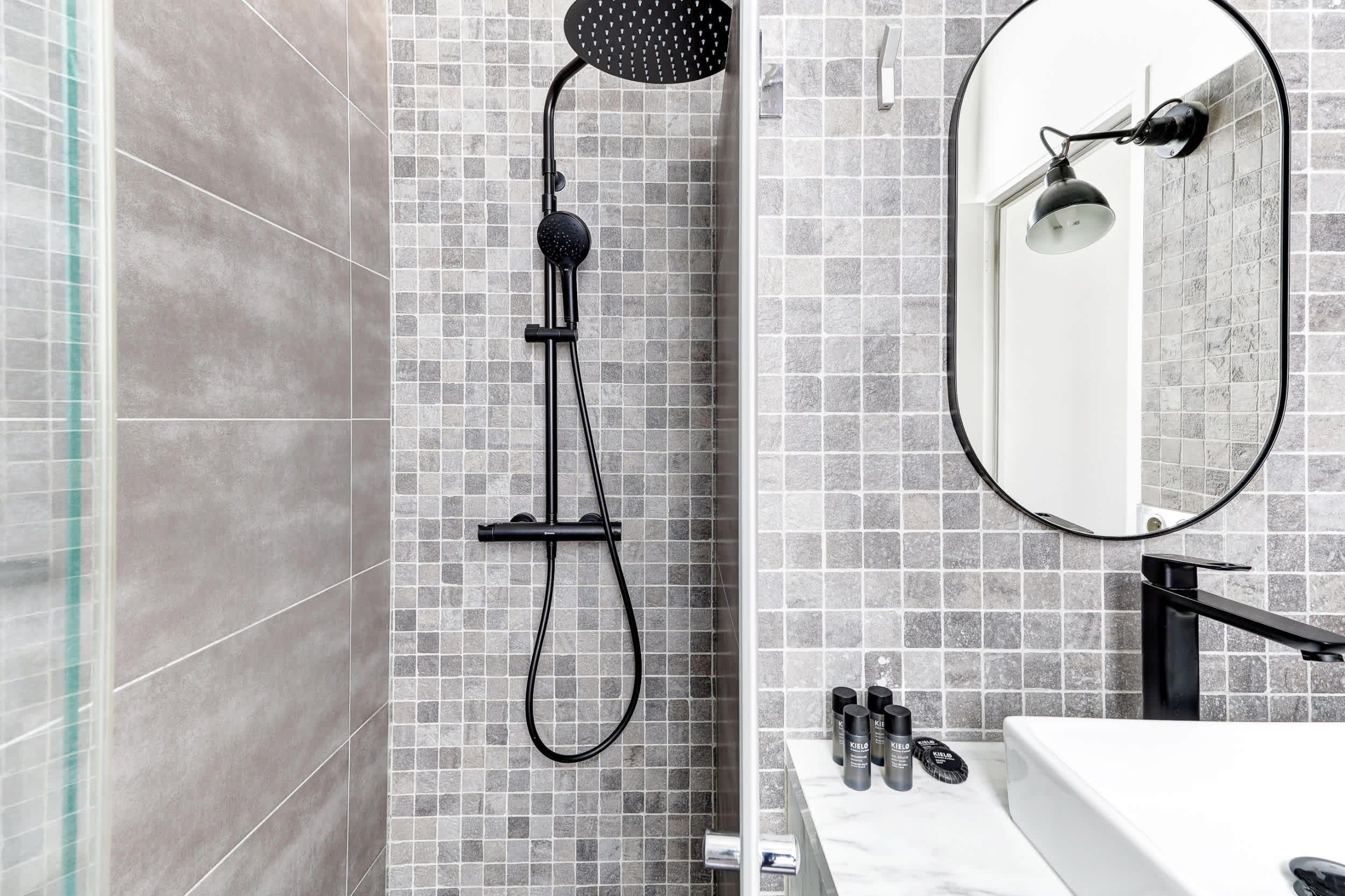 Salle de bain : douche, toilette, lavabo, miroir et lave linge.