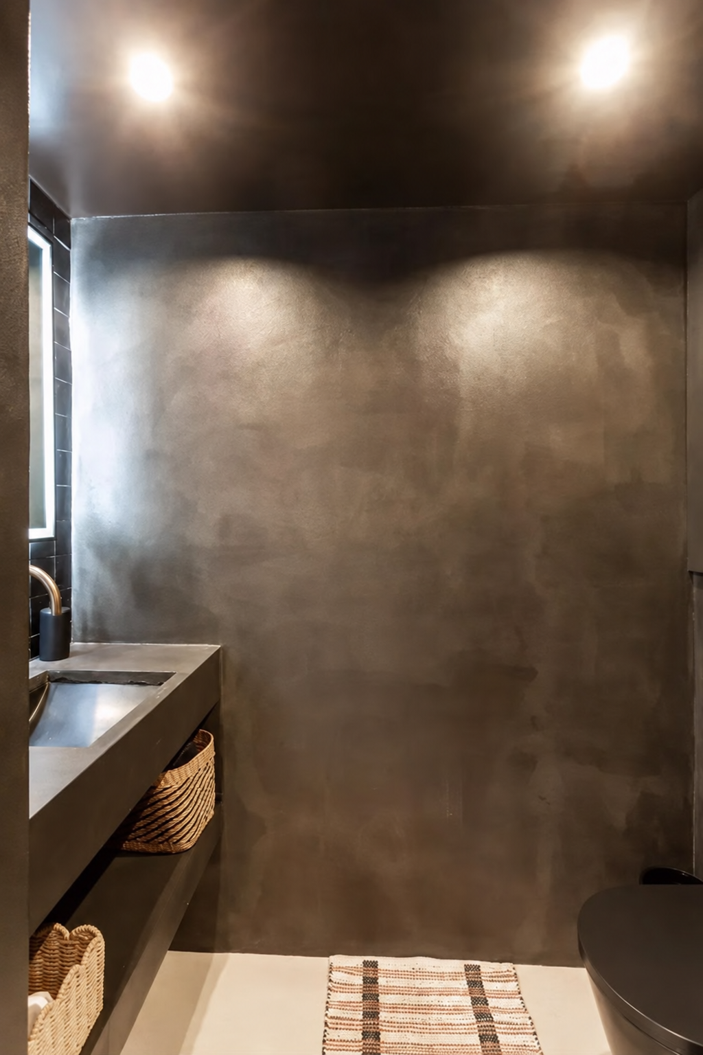 Toilettes modernes avec vasque et murs sombres